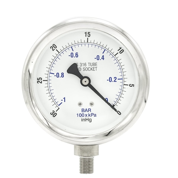 Pro 4 in Dial, 30/0 in Hg Vac PSI & Bar, 1/4 in NPT, Lower Mount Dry/Fillable Pressure Gauge PRO-301D-404A-01 - main